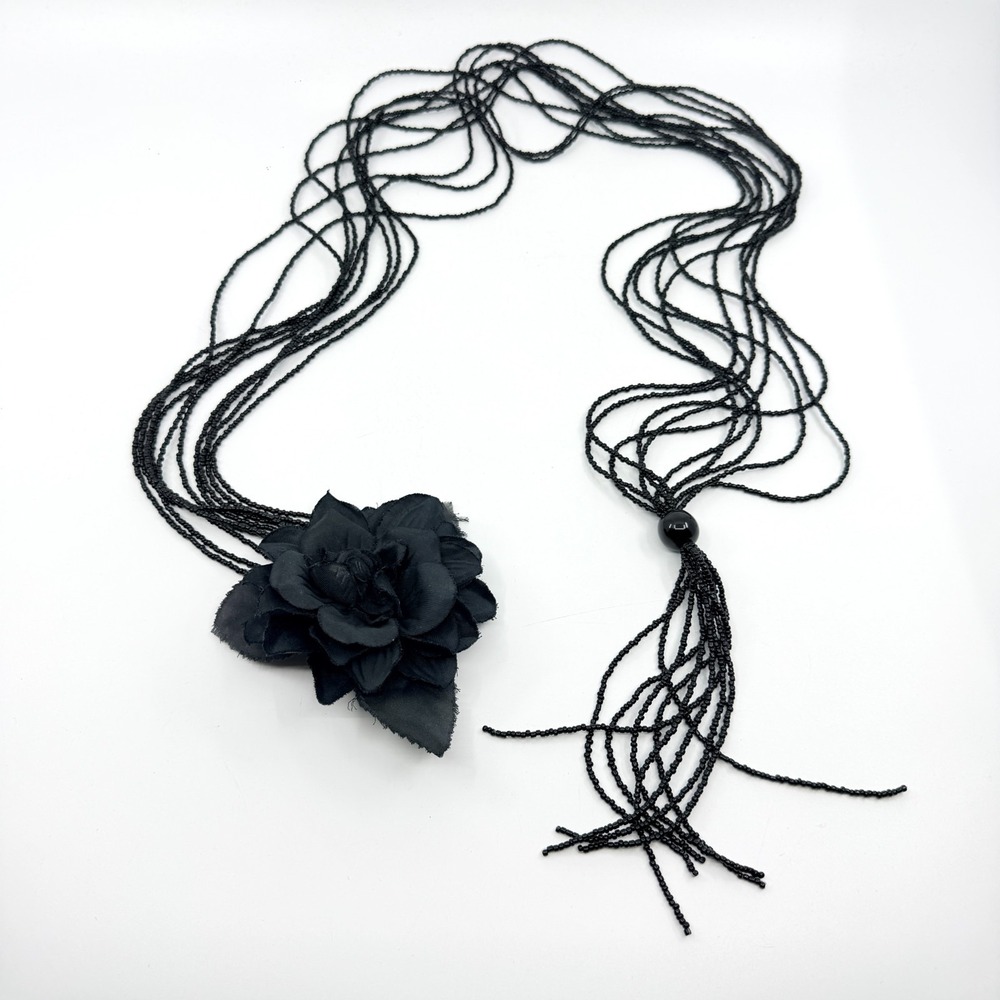 Gothic Black Flower Multi-Strand Beaded Statement Necklace - Boho Gift
